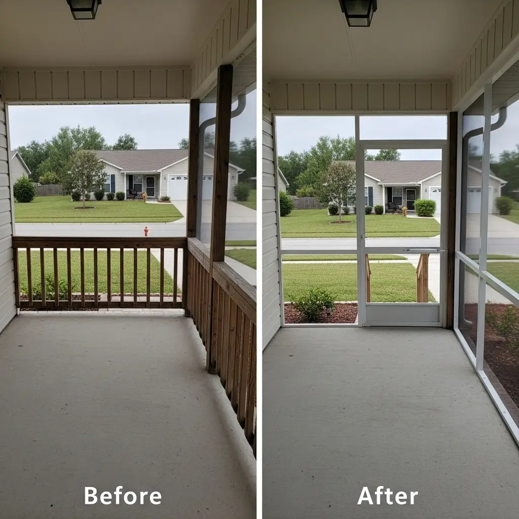Before and after porch screen repair in New Smyrna, FL – upgraded entryway with new screened enclosure.