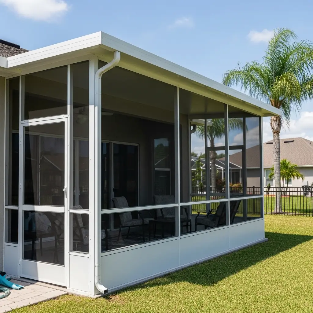 Custom lanai enclosure installation in New Smyrna, FL – modern screened patio with durable framing and insect protection.