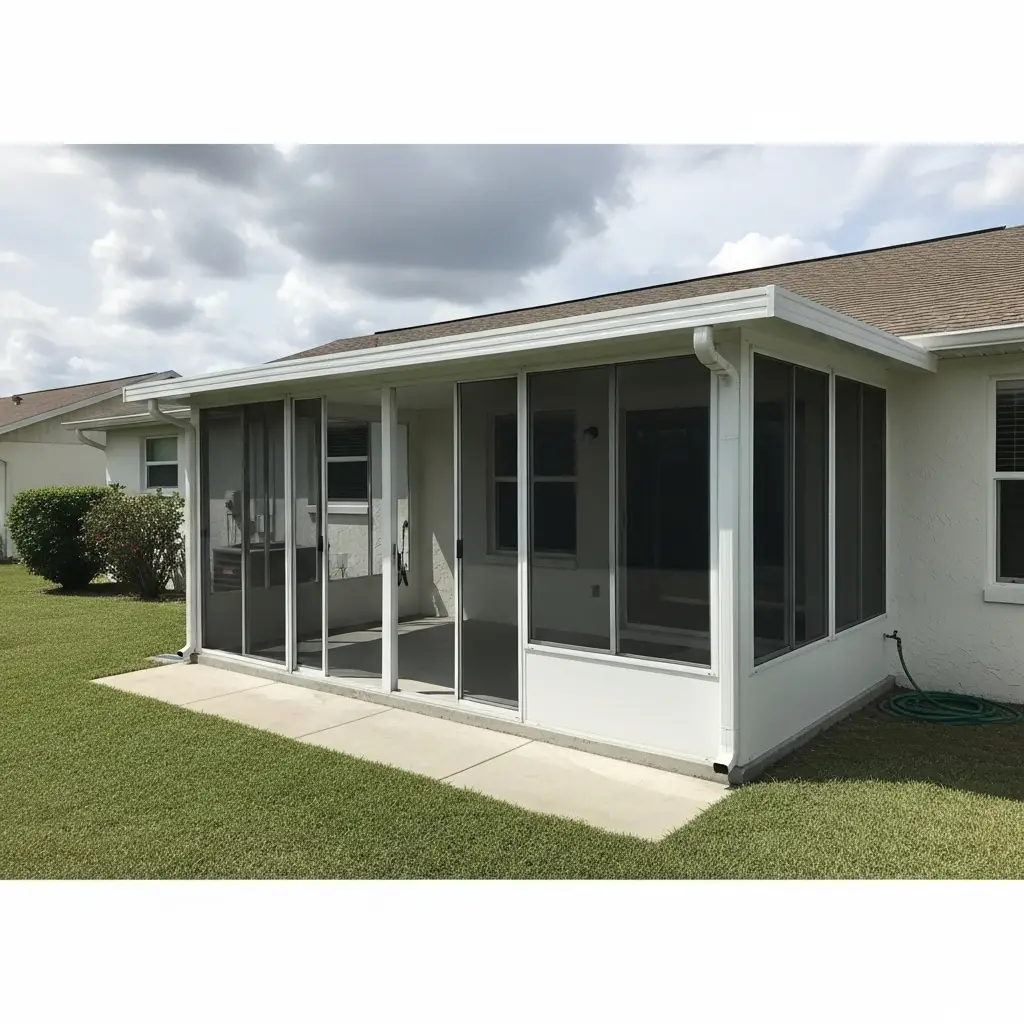 Lanai screen repair in New Smyrna, FL – restored patio enclosure with new mesh panels and aluminum framing.