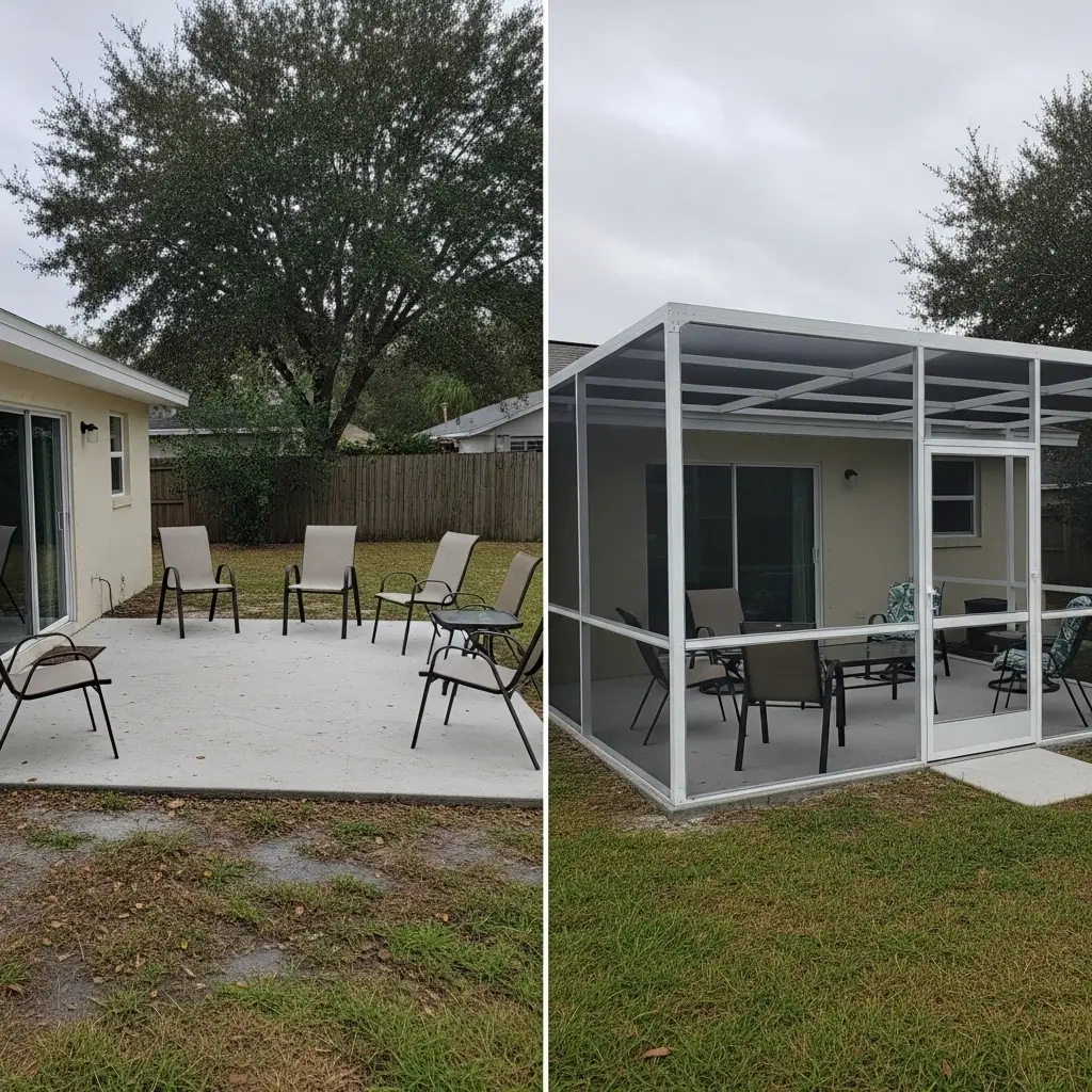 Before and after patio screen enclosure installation in New Smyrna, FL – open concrete patio transformed into a screened-in outdoor living space with aluminum frame structure.