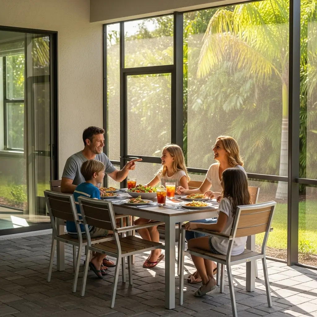 Family enjoying dinner inside a patio screen enclosure in New Smyrna, FL – insect-free outdoor dining space with aluminum frame and mesh screens.