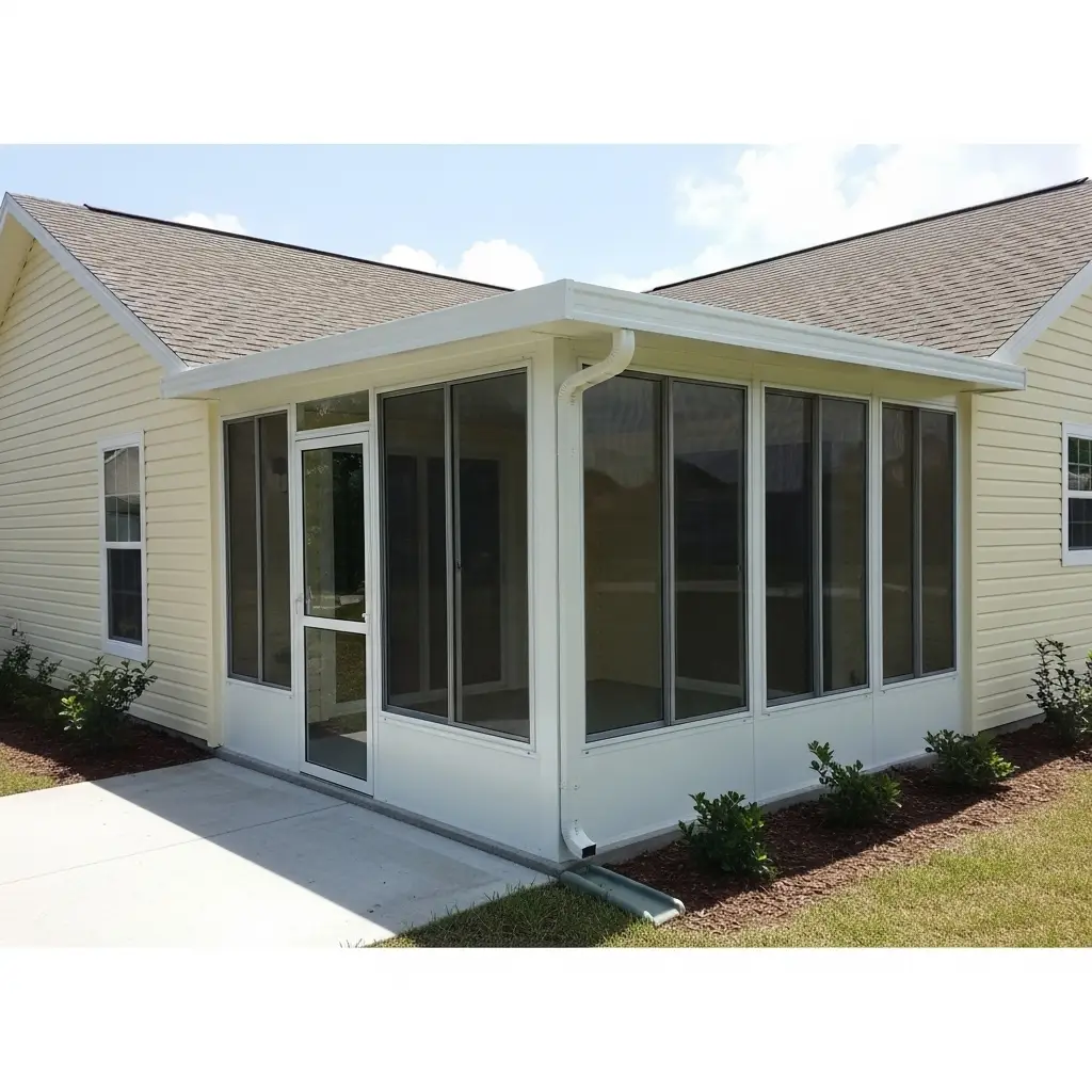 Front view of patio screen enclosure in New Smyrna, FL – aluminum frame installation with sliding screen doors and windows for added shade and outdoor comfort.