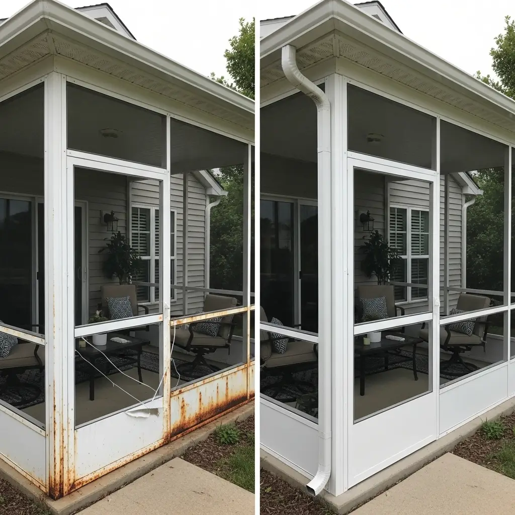 Before and after patio screen replacement in New Smyrna, FL – old rusted and torn enclosure restored with new aluminum framing and durable mesh screens for a clean outdoor space.