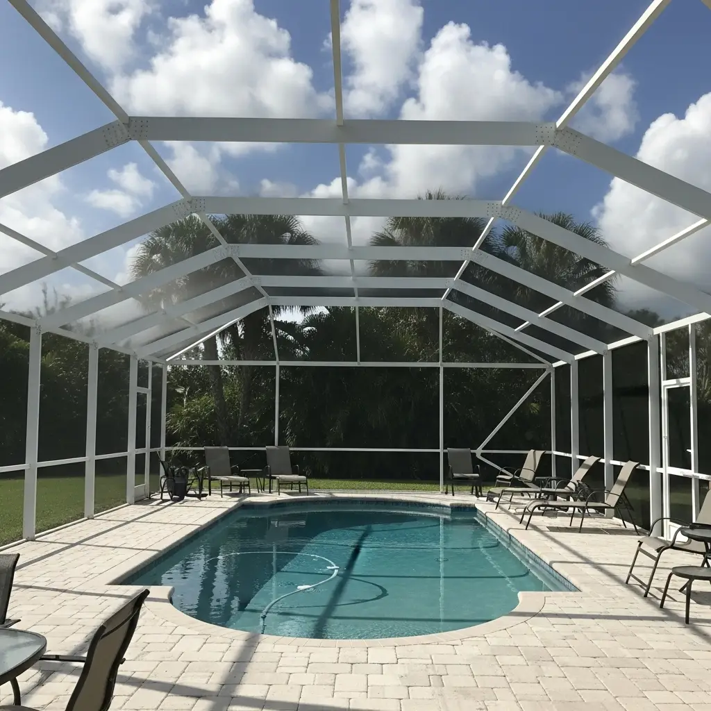 New pool cage installation in New Smyrna, FL – aluminum screen enclosure built over backyard swimming pool with paver deck for outdoor living and insect protection.