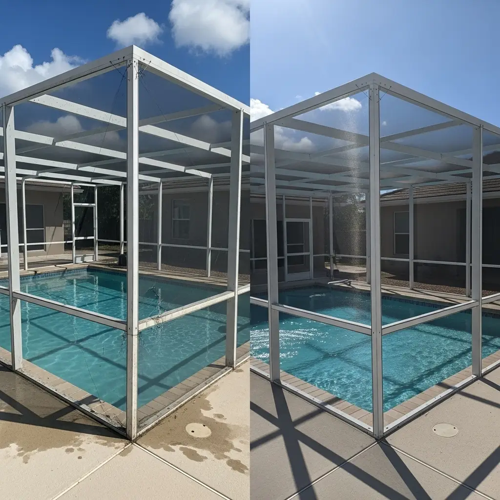 Before and after pool enclosure repair in New Smyrna, FL – aluminum frame rescreening and structural restoration for a clean and durable screened patio.