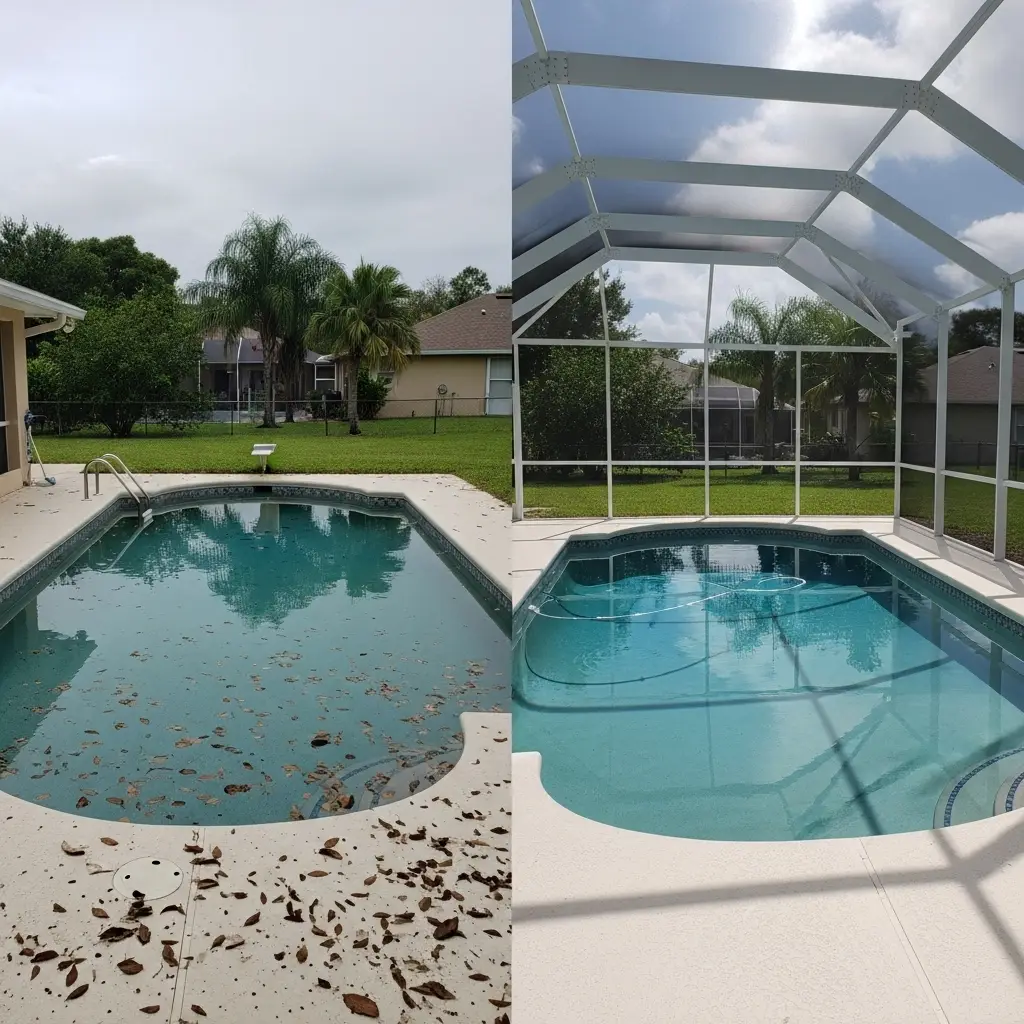 Before and after pool enclosure screens in New Smyrna, FL – dirty uncovered swimming pool compared to clean pool protected by screened enclosure.