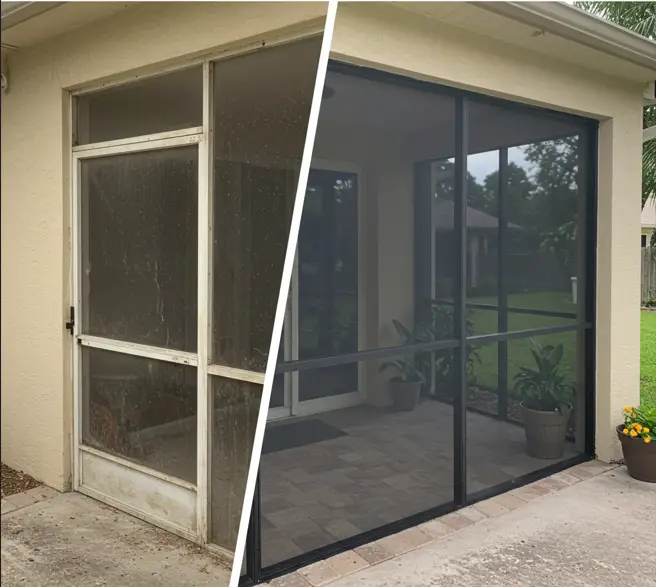 Before and after screen door repair in New Smyrna, FL – old damaged patio screen door replaced with new aluminum frame and mesh for a clean, modern enclosure.