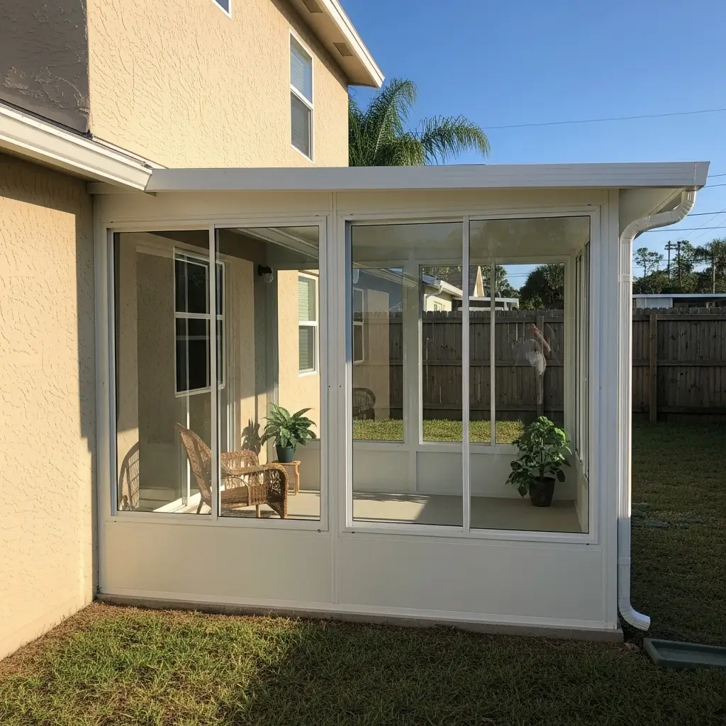 New sunroom and screen enclosure installation in New Smyrna, FL – custom patio enclosure with sliding windows and aluminum frame for added outdoor living space.