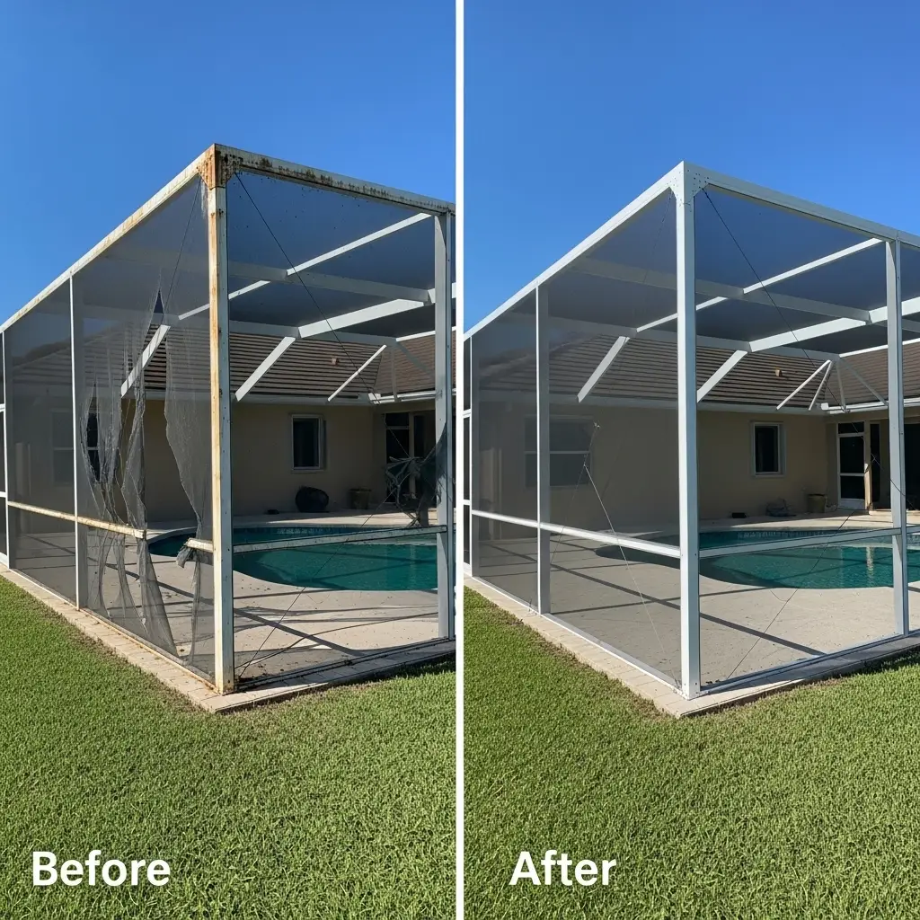 Before and after pool screen enclosure replacement in New Smyrna, FL – damaged torn screens restored with new aluminum frame and rescreening for a clean, durable patio enclosure