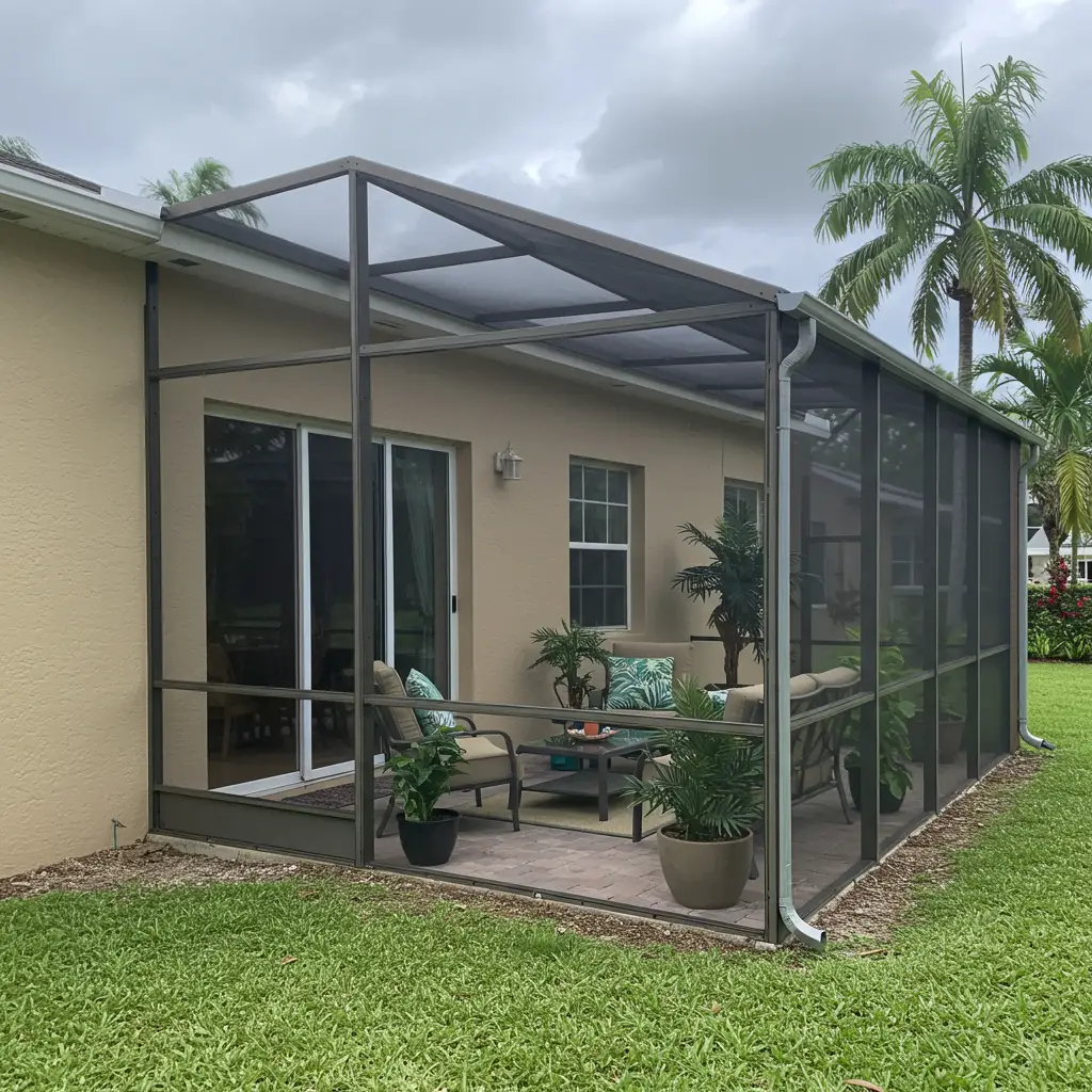 Screened patio replacement in New Smyrna, FL – updated patio enclosure with new aluminum frame and mesh screens for outdoor comfort and insect protection.