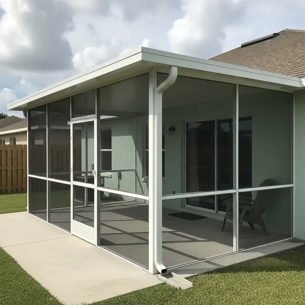 New screened porch construction in New Smyrna, FL – custom aluminum frame enclosure with patio screen installation for added shade and outdoor living space.