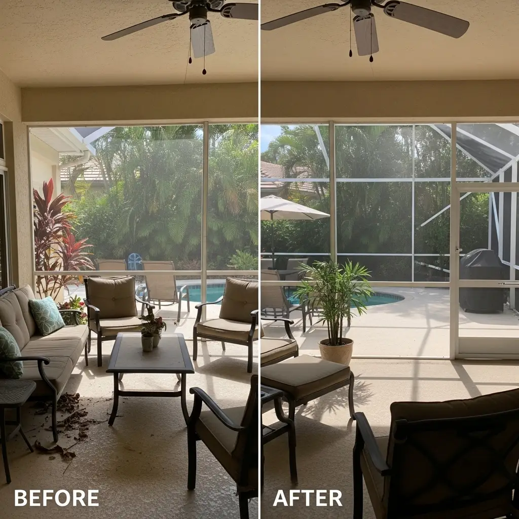 Before and after sunroom screen repair in New Smyrna, FL – patio enclosure with new window screens providing a clear view, insect protection, and improved outdoor living space