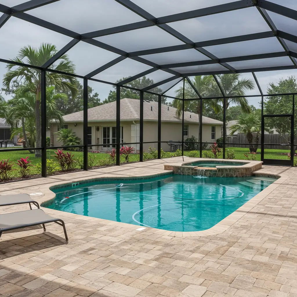 Screened pool enclosure with spa and paver patio in New Smyrna, FL custom lanai and screen installation providing outdoor living space protection from insects and debris.